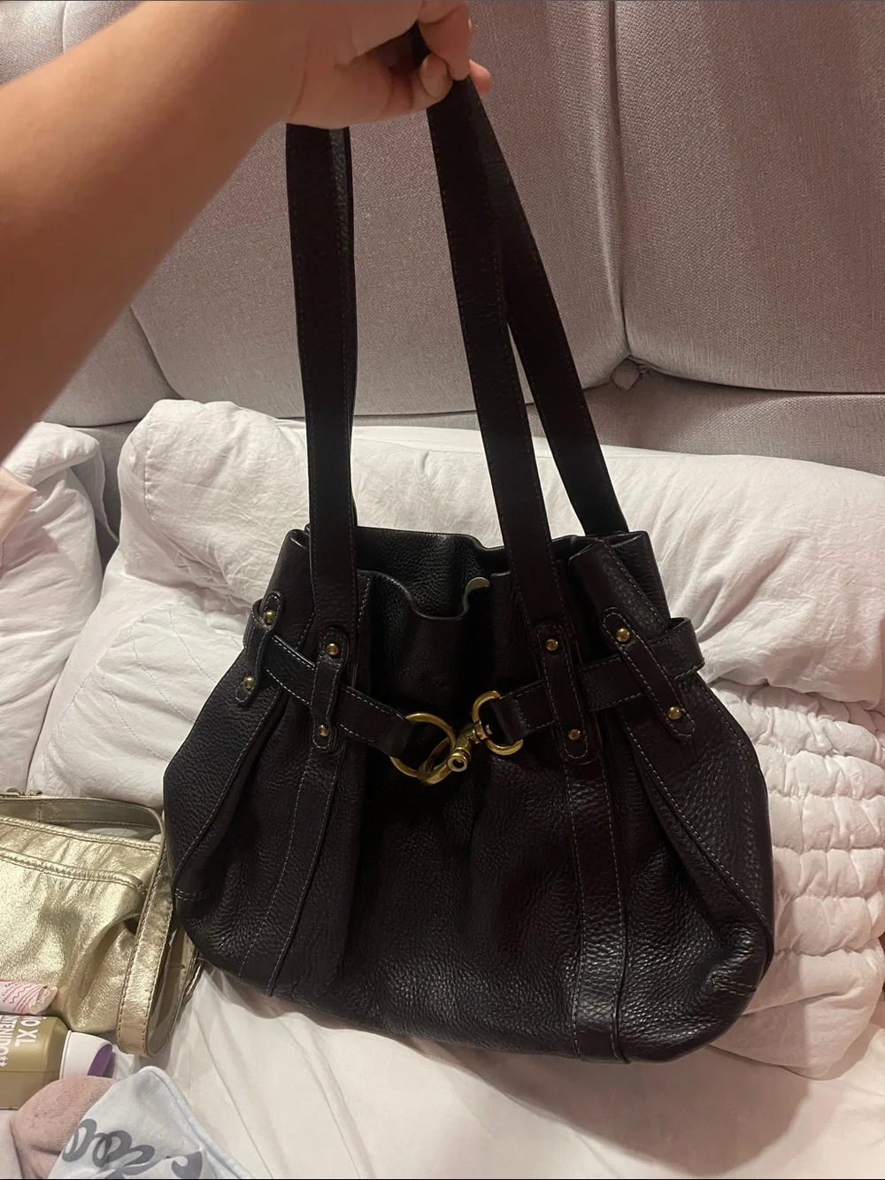 Talbots Black Pebbled Leather Shoulder Bag with Gold Rings